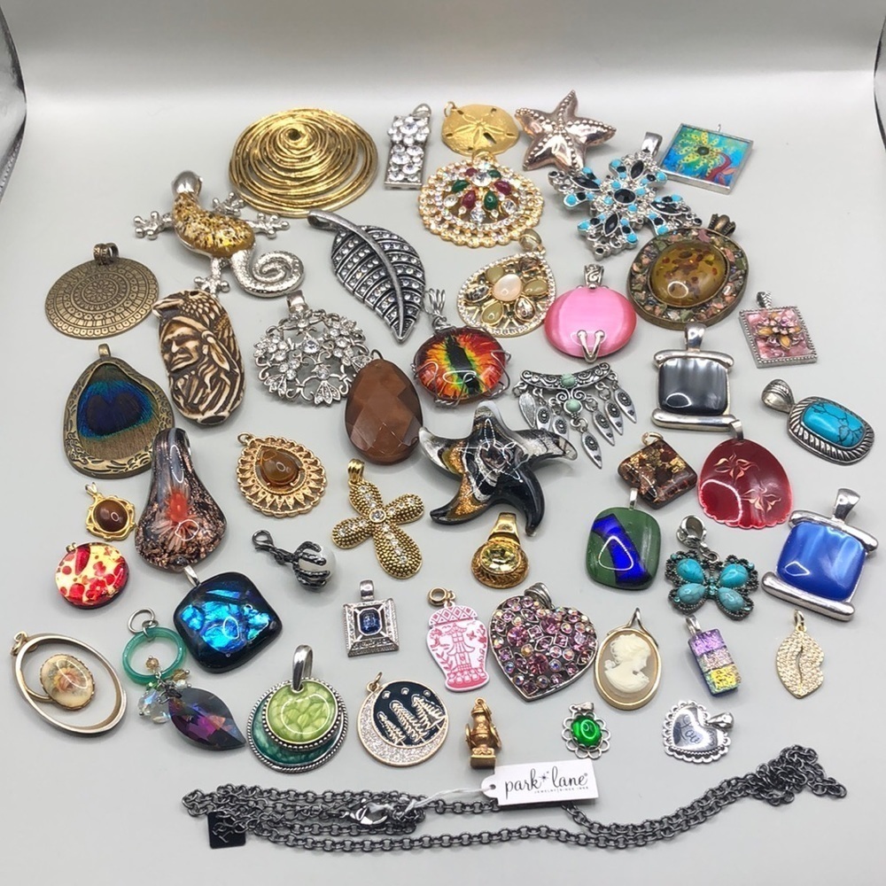 Huge bundle lot 49 pendants variety craft or wear, free Park Lane chain necklace